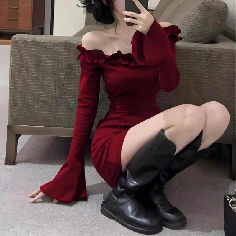 Off Shoulder Ruffle Mini Dress view 4 | MAUVSTUDIO®