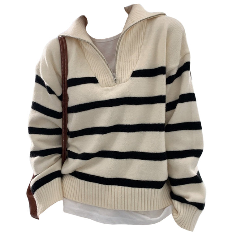 Old Money Zip Up Striped Sweater-Sweaters-MAUV STUDIO-STREETWEAR-Y2K-CLOTHING
