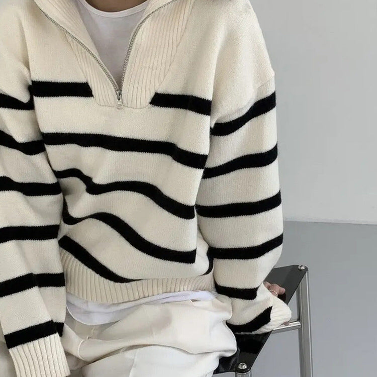 Old Money Zip Up Striped Sweater-Sweaters-MAUV STUDIO-STREETWEAR-Y2K-CLOTHING