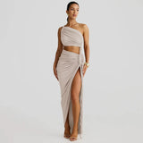 One Shoulder Ruched Maxi Dress view 11 | MAUVSTUDIO®
