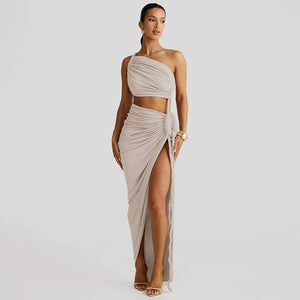 One Shoulder Ruched Maxi Dress view 11 | MAUVSTUDIO®