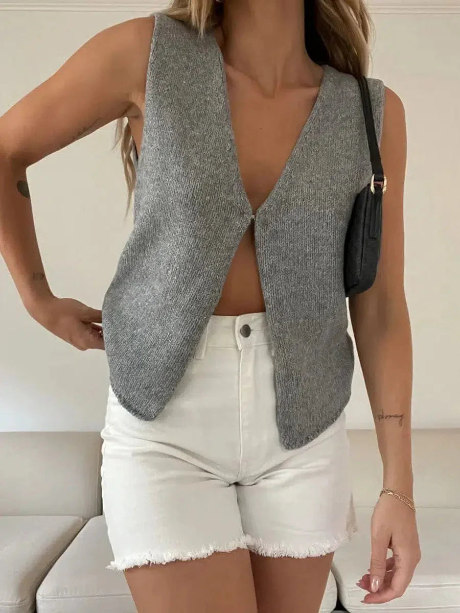 Open Front Knitted Cardigan Vest-Gray-S-Mauv Studio