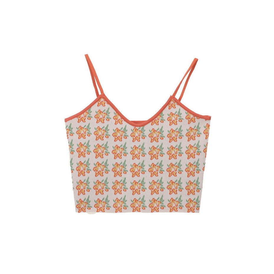 Orange Flower Knit Tank-Tops-MAUV STUDIO-STREETWEAR-Y2K-CLOTHING