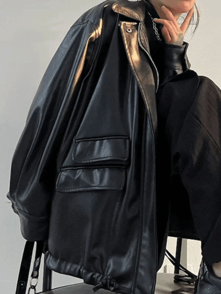 Oversized Black Faux Leather Jacket-Jackets-MAUV STUDIO-STREETWEAR-Y2K-CLOTHING