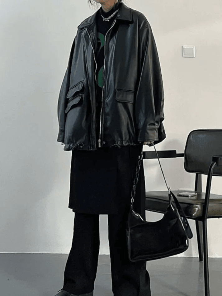 Oversized Black Faux Leather Jacket-Jackets-MAUV STUDIO-STREETWEAR-Y2K-CLOTHING