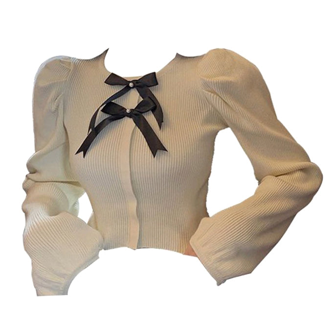 Parisian Style Ribbed Top with Bows-Sweaters-MAUV STUDIO-STREETWEAR-Y2K-CLOTHING