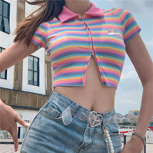 Pastel Rainbow Zip Top-T-Shirts-MAUV STUDIO-STREETWEAR-Y2K-CLOTHING