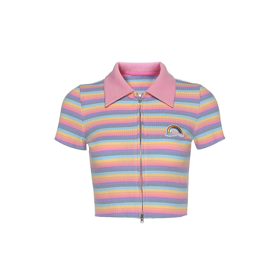 Pastel Rainbow Zip Top-T-Shirts-MAUV STUDIO-STREETWEAR-Y2K-CLOTHING