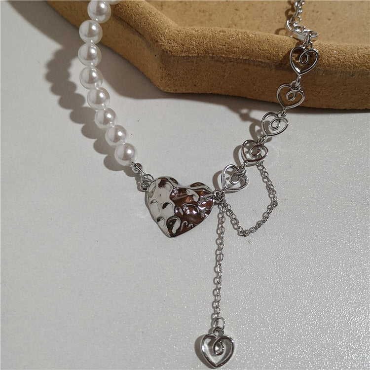 Pearl Asymmetric Heart Necklace-Necklaces-MAUV STUDIO-STREETWEAR-Y2K-CLOTHING