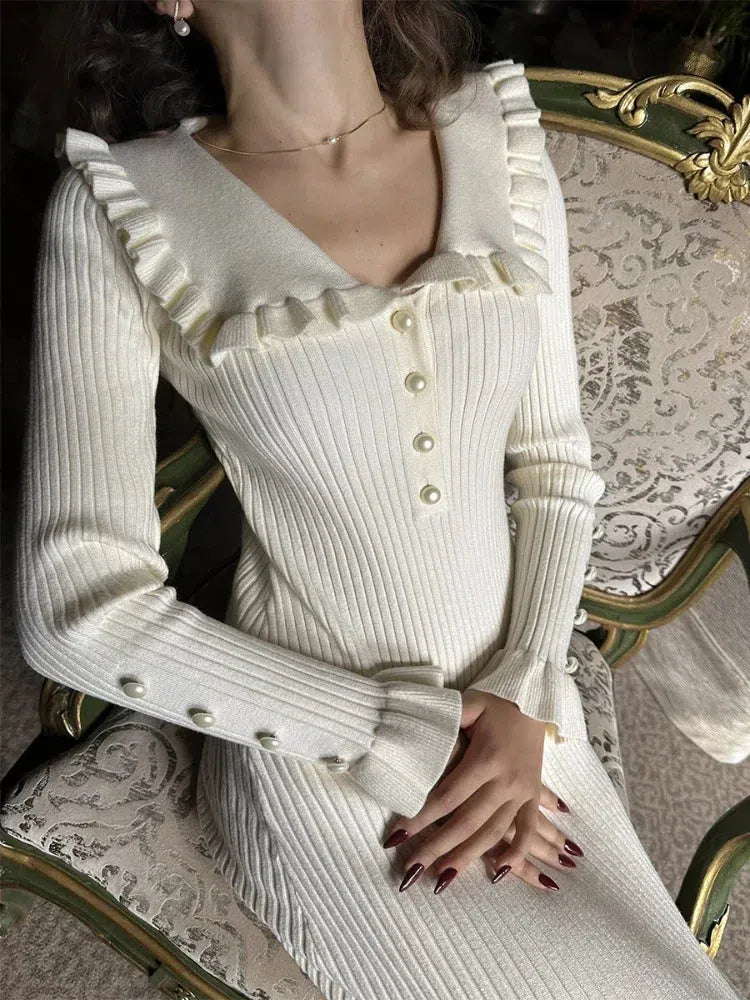 Peter Pan Collar Ribbed Midi Dress view 2 | MAUVSTUDIO®
