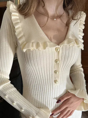 Peter Pan Collar Ribbed Midi Dress view 3 | MAUVSTUDIO®