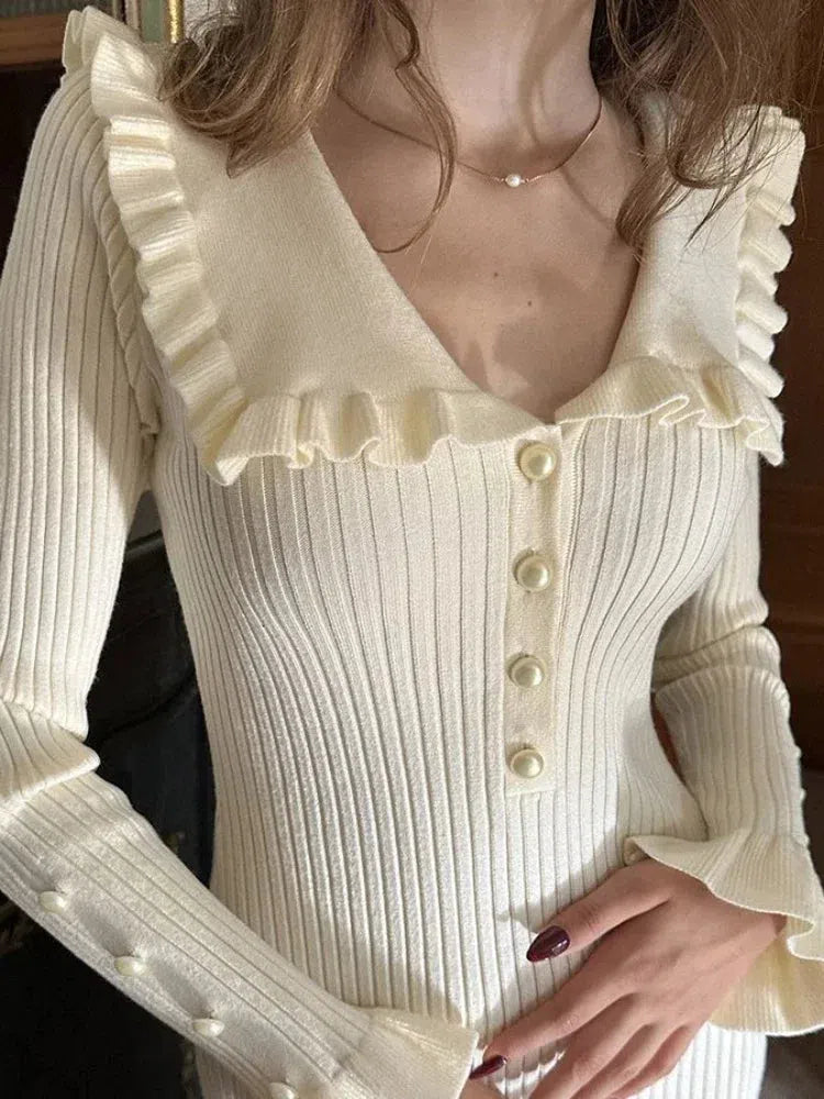 Peter Pan Collar Ribbed Midi Dress view 3 | MAUVSTUDIO®