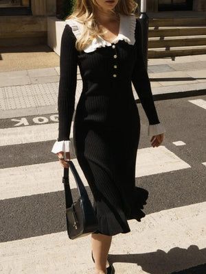 Peter Pan Collar Ribbed Midi Dress view 10 | MAUVSTUDIO®
