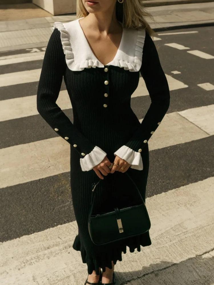 Peter Pan Collar Ribbed Midi Dress view 4 | MAUVSTUDIO®