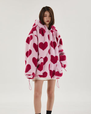 Pink Heart Pattern Hooded Jacket-MAUV STUDIO