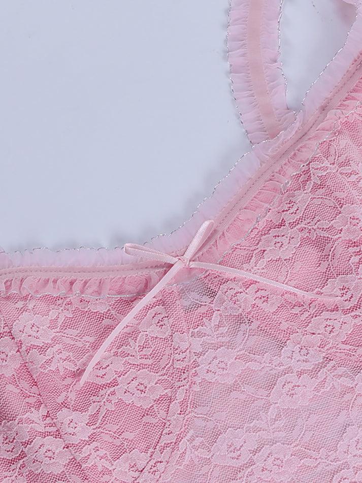 Pink Lace Crop Vest Tank Top-Tank Tops-MAUV STUDIO-STREETWEAR-Y2K-CLOTHING