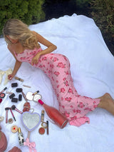 Pink Rose Satin Maxi Dress view 6 | MAUVSTUDIO®