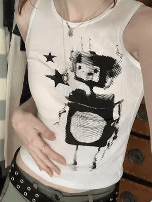 Pixel Robot Star White Cropped Tank Top-Tank Tops-MAUV STUDIO-STREETWEAR-Y2K-CLOTHING