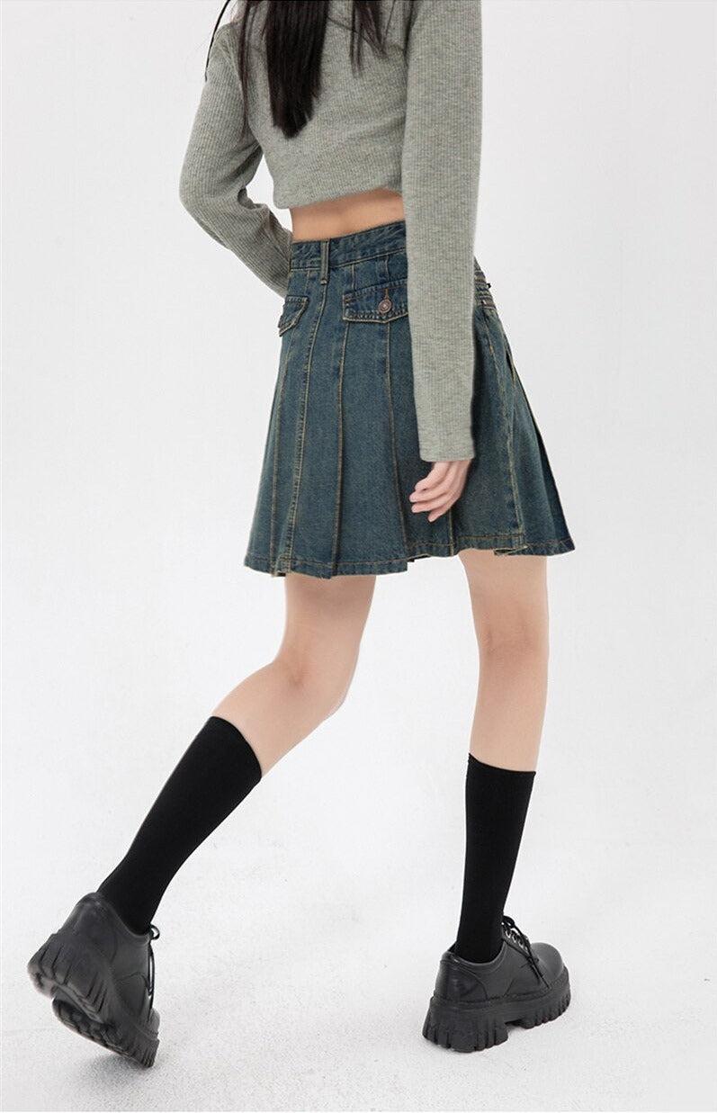 Pleated Denim Mini Skirt-Mauv Studio