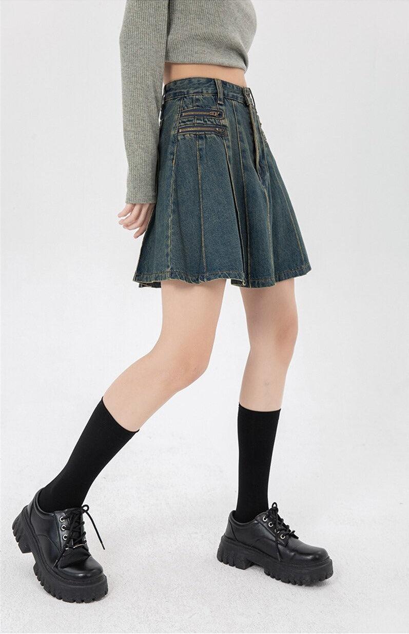 Pleated Denim Mini Skirt-Mauv Studio