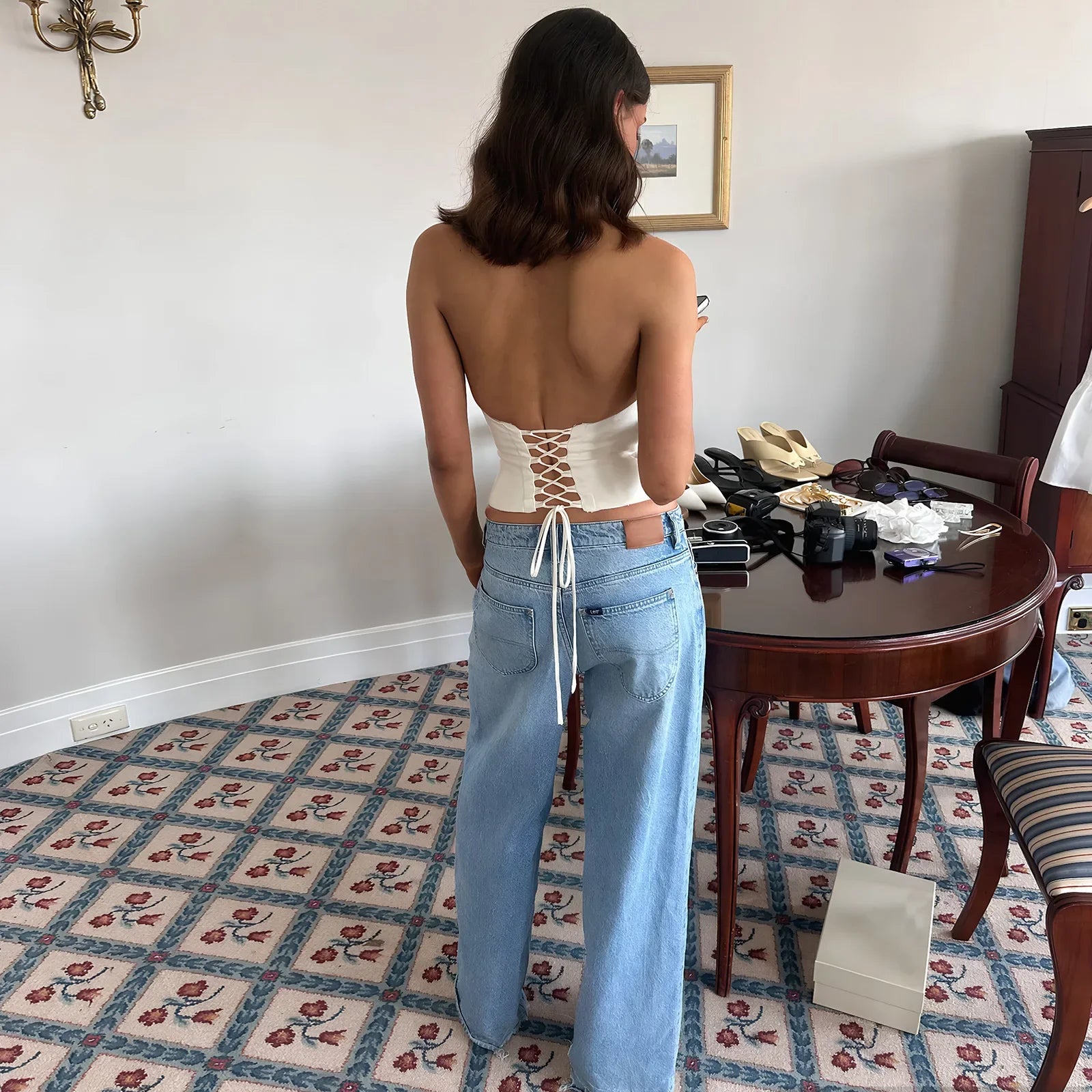 Plunge Backless Halter Top with lace trim, Y2K halter top styled with low rise bottoms