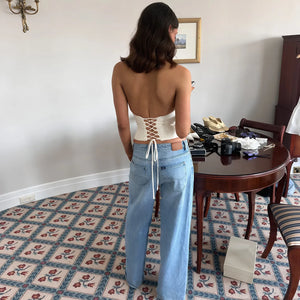 Plunge Backless Halter Top with lace trim, Y2K halter top styled with low rise bottoms