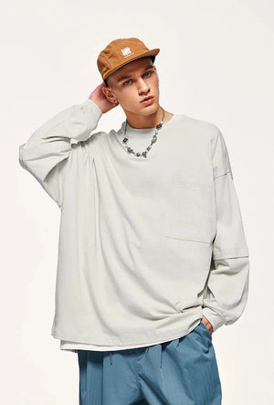 Pocket Layered Sleeve Basic Sweatshirt-Beige-M-Mauv Studio