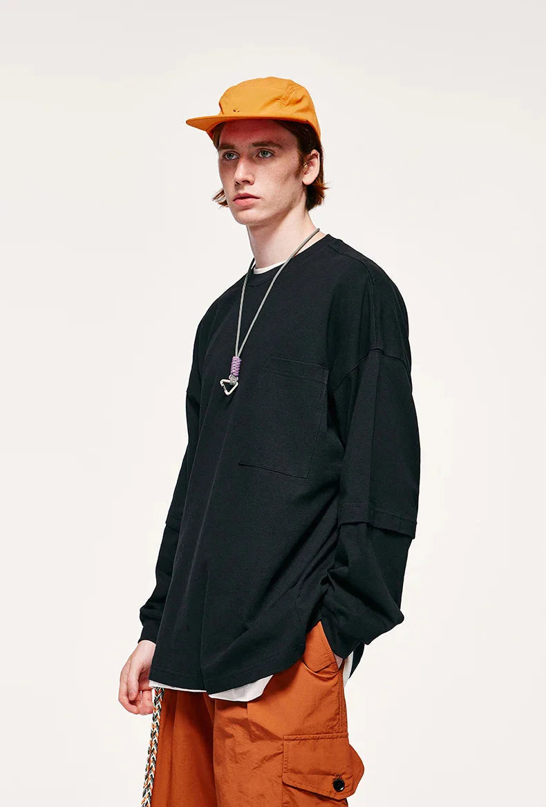 Pocket Layered Sleeve Basic Sweatshirt-Black-M-Mauv Studio