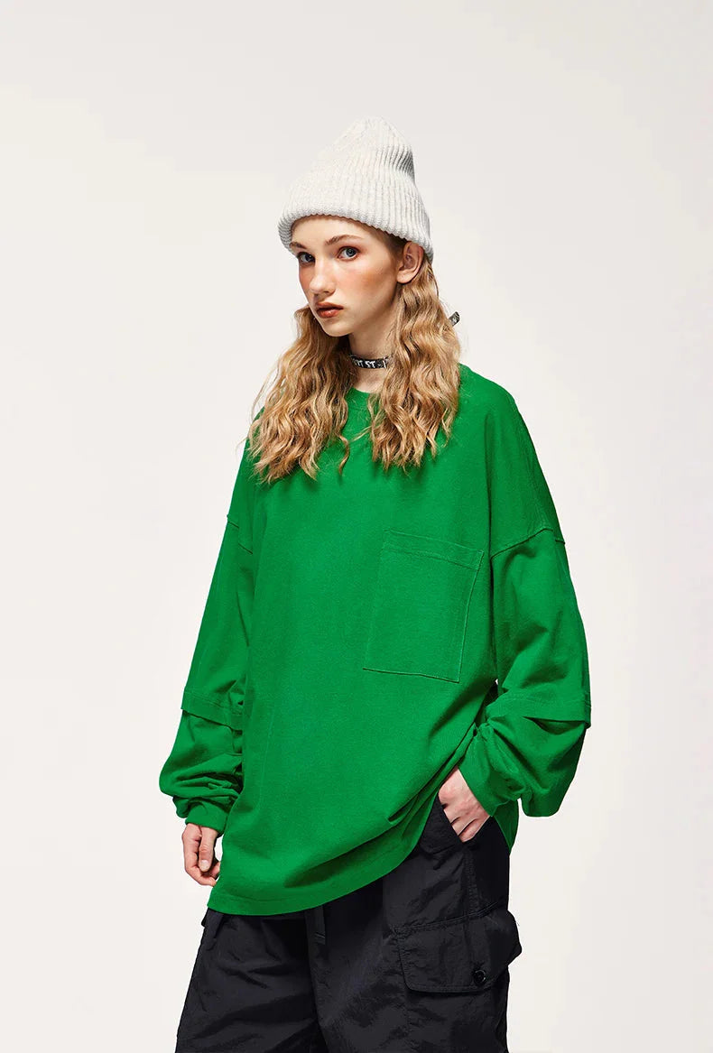 Pocket Layered Sleeve Basic Sweatshirt-Green-M-Mauv Studio