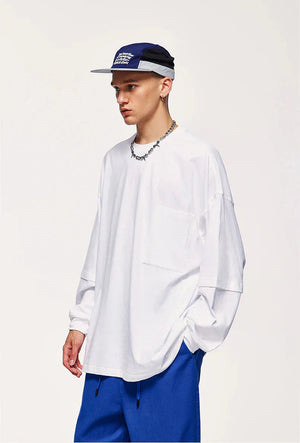 Pocket Layered Sleeve Basic Sweatshirt-White-M-Mauv Studio