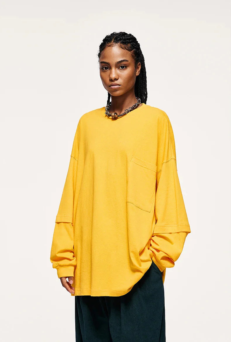 Pocket Layered Sleeve Basic Sweatshirt-Yellow-M-Mauv Studio