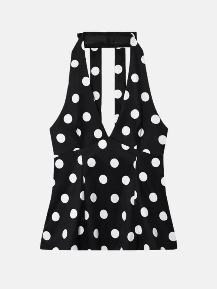 Polka Dot Top with tie detail, Y2K halter top styled with low rise bottoms