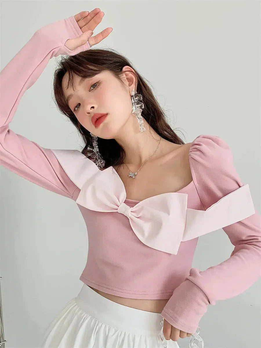 Puff Shoulder Bow Crop Top-Pink-S-Mauv Studio