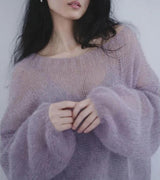 Puff Sleeved Mesh Knit Sweater-Purple-One Size-Mauv Studio
