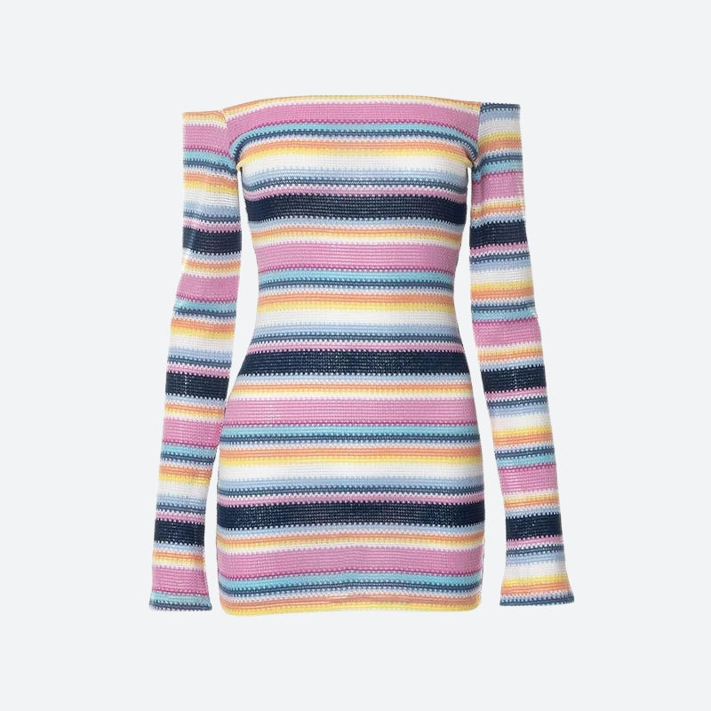 Rainbow Off Shoulder Knitted Mini Dress MAUVSTUDIO Rainbow Off Shoulder Knitted Mini Dress MAUVSTUDIO