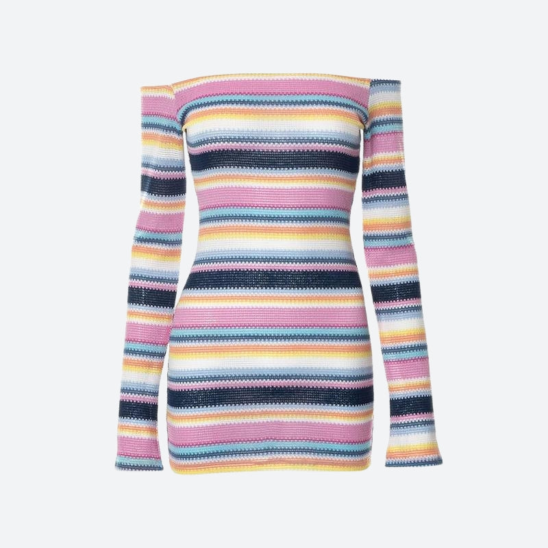 Rainbow Off Shoulder Knitted Mini Dress-Mauv Studio
