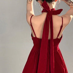 Red Velvet Halter Dress-Dresses-MAUV STUDIO-STREETWEAR-Y2K-CLOTHING