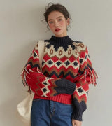 Retro Pattern Knitted Christmas Sweater-Red-One Size-Mauv Studio