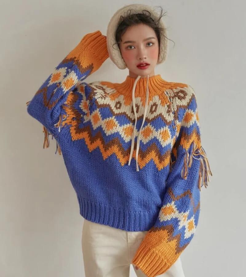 Retro Pattern Knitted Christmas Sweater-Blue-One Size-Mauv Studio