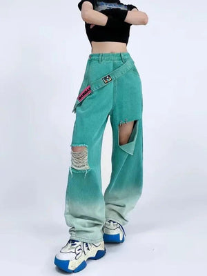 Ripped Denim Strap Baggy Jeans-MAUV STUDIO