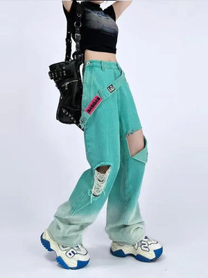 Ripped Denim Strap Baggy Jeans-MAUV STUDIO