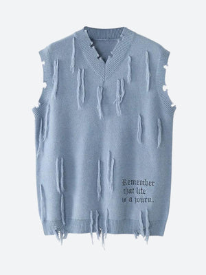 Ripped Tasseled Sweater Vest-Blue-S-Mauv Studio