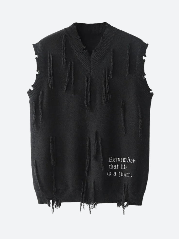 Ripped Tasseled Sweater Vest-Black-S-Mauv Studio