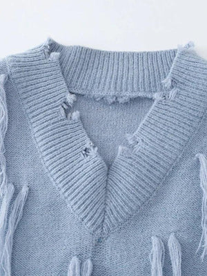 Ripped Tasseled Sweater Vest-Mauv Studio