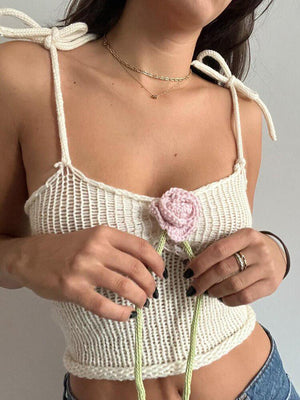 Rose Detailed Knitted Crop Top-White-S-Mauv Studio
