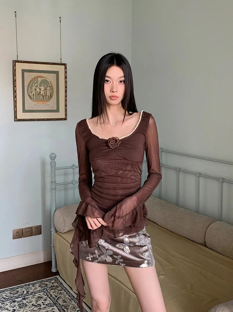 Rose Mesh Ruffled Top – MAUVSTUDIO®