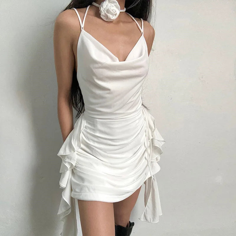Rose Neck Tie Mini Dress view 3 | MAUVSTUDIO®