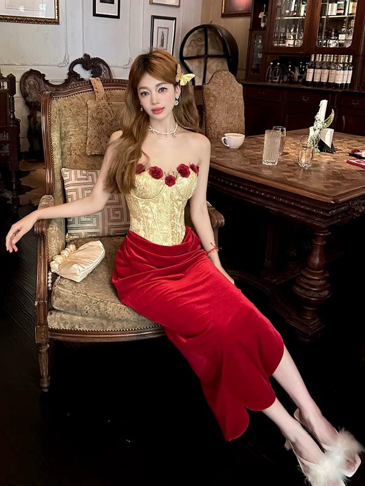 Rose Velvet Corset Midi Dress view 2 | MAUVSTUDIO®