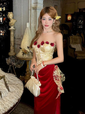 Rose Velvet Corset Midi Dress view 3 | MAUVSTUDIO®