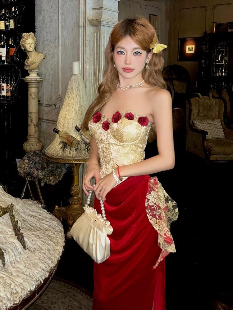 Rose Velvet Corset Midi Dress view 3 | MAUVSTUDIO®